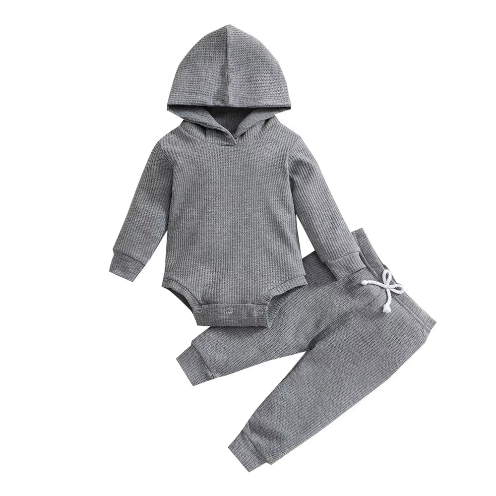 Newborn Jumpsuit Outfit Baby Boys Girls Solid Color Long Sleeves Hooded Romper and Trousers Set