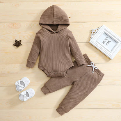 Newborn Jumpsuit Outfit Baby Boys Girls Solid Color Long Sleeves Hooded Romper and Trousers Set