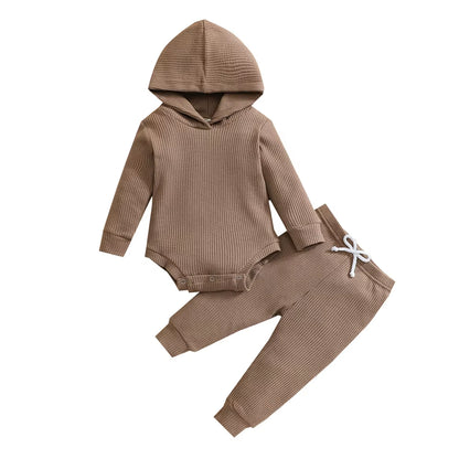 Newborn Jumpsuit Outfit Baby Boys Girls Solid Color Long Sleeves Hooded Romper and Trousers Set