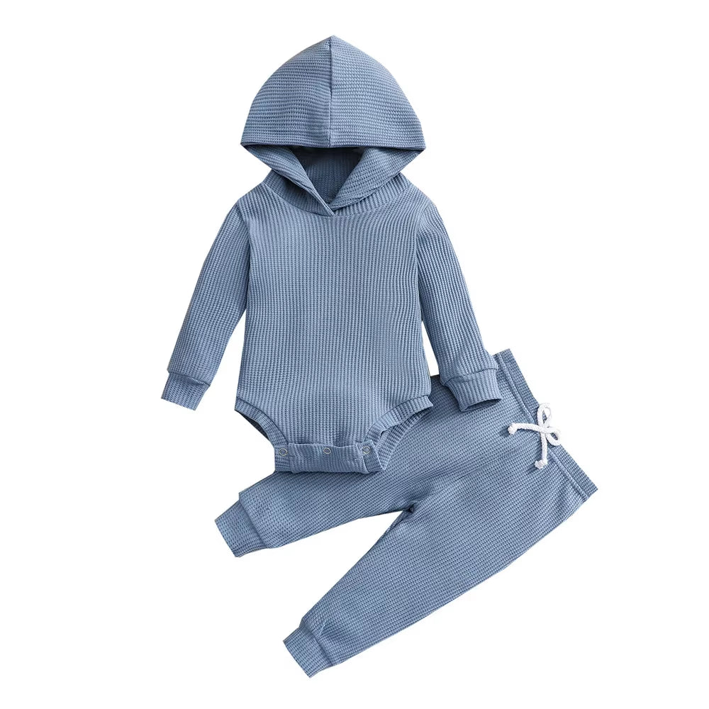 Newborn Jumpsuit Outfit Baby Boys Girls Solid Color Long Sleeves Hooded Romper and Trousers Set