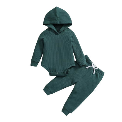 Newborn Jumpsuit Outfit Baby Boys Girls Solid Color Long Sleeves Hooded Romper and Trousers Set