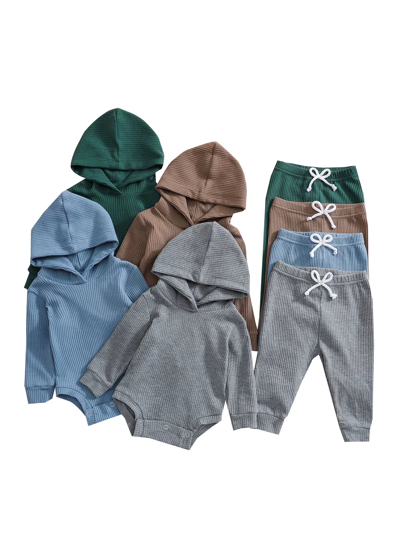 Newborn Jumpsuit Outfit Baby Boys Girls Solid Color Long Sleeves Hooded Romper and Trousers Set