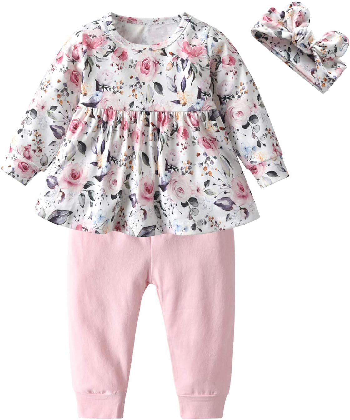 3PCS Baby Girl Clothes Ruffle Floral Shirt Tops Pants Headband Outfit Sets