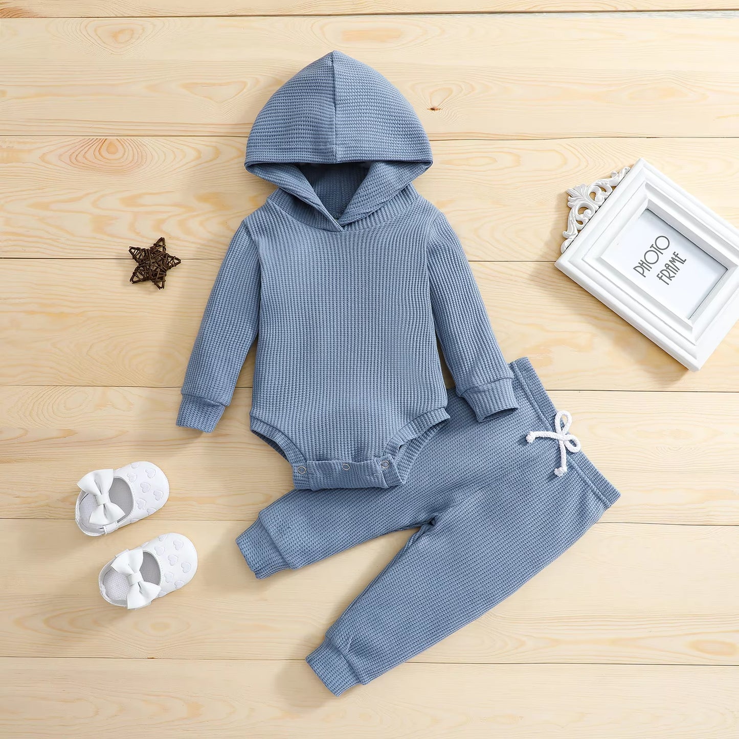 Newborn Jumpsuit Outfit Baby Boys Girls Solid Color Long Sleeves Hooded Romper and Trousers Set