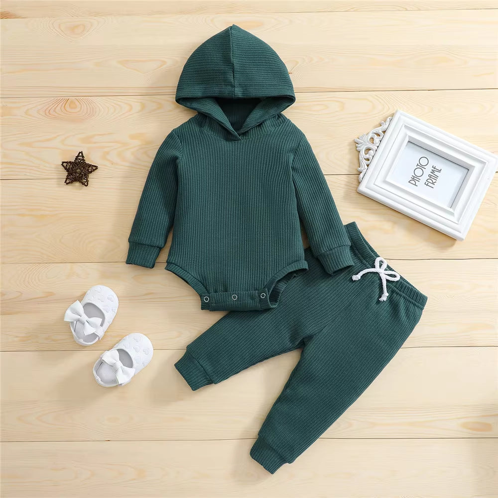 Newborn Jumpsuit Outfit Baby Boys Girls Solid Color Long Sleeves Hooded Romper and Trousers Set